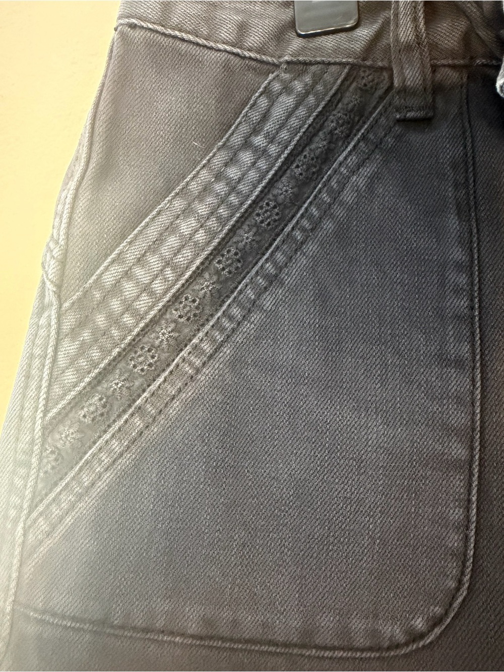Free People Black Washed Jean Shorts with Diagonal Decorative Trim Pockets
